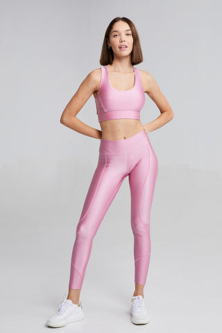 Pink Active Wear Leggings - Belted Detailed Design With Pearl Shine Fabric